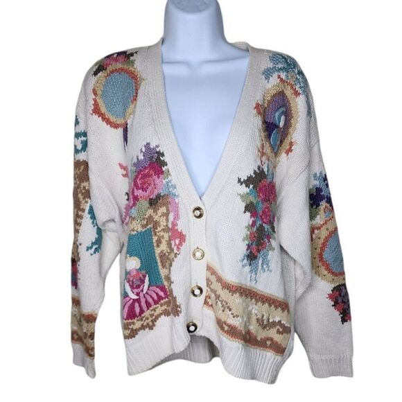 Casual Corner Sweaters - Vintage 80s Casual Corner Cardigan Sweater Womens Size M Ivory Floral Cottage Co